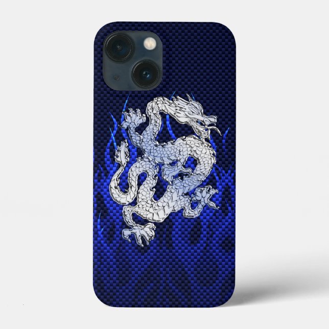 Blue Dragon in Chrome Carbon racing flames Case-Mate iPhone Case (Back)