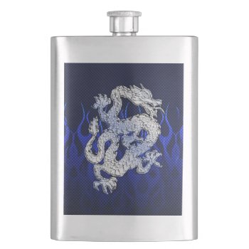 Blue Dragon In Chrome Carbon Racing Flames Hip Flask by TigerDen at Zazzle