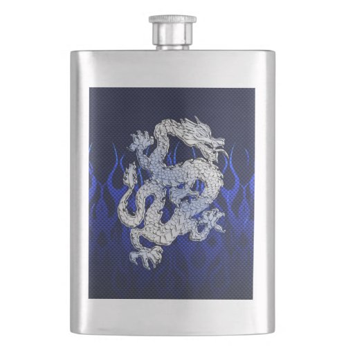 Blue Dragon in Chrome Carbon racing flames Hip Flask