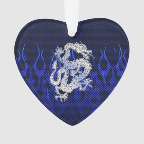 Blue Dragon in Chrome Carbon racing flames Ornament
