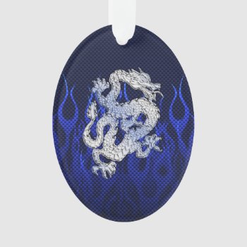 Blue Dragon In Chrome Carbon Racing Flames Ornament by TigerDen at Zazzle