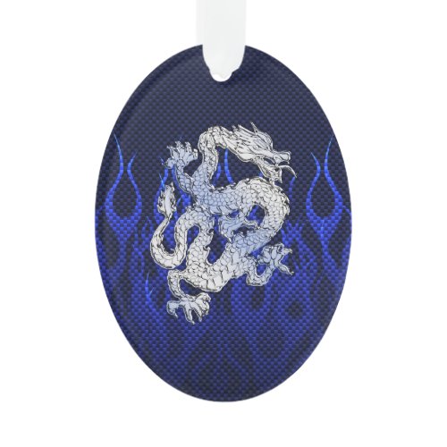 Blue Dragon in Chrome Carbon racing flames Ornament