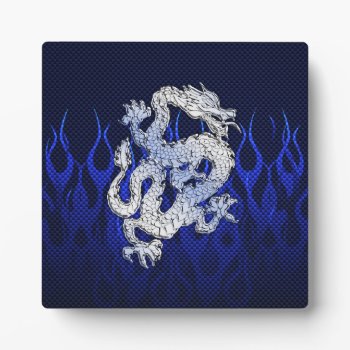 Blue Dragon In Chrome Carbon Racing Flames Plaque by TigerDen at Zazzle