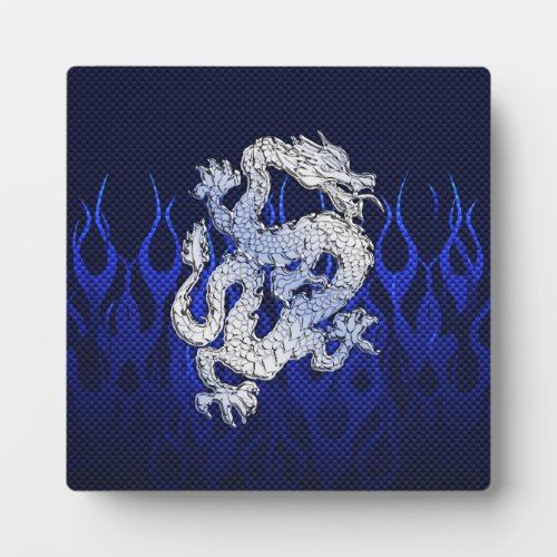 Blue Dragon in Chrome Carbon racing flames Plaque