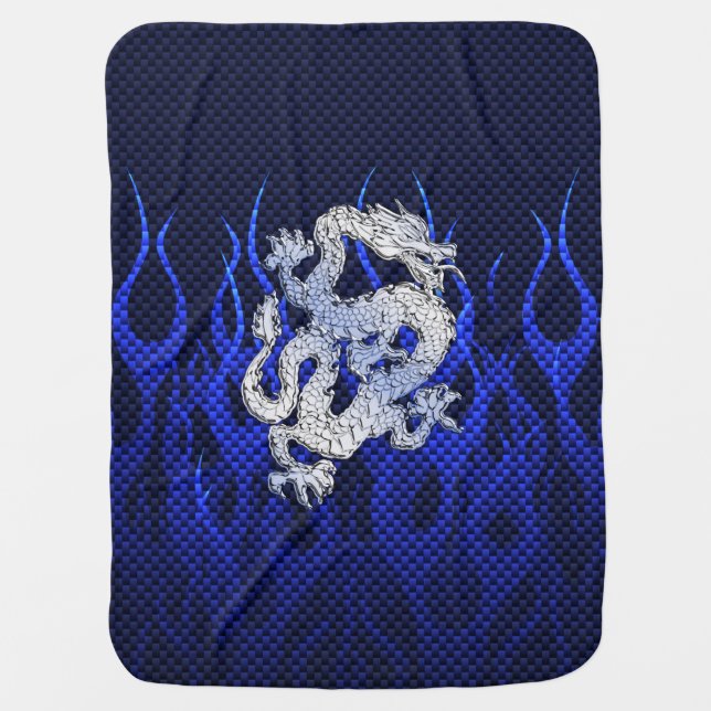 Blue Dragon in Chrome Carbon racing flames Stroller Blanket (Front)