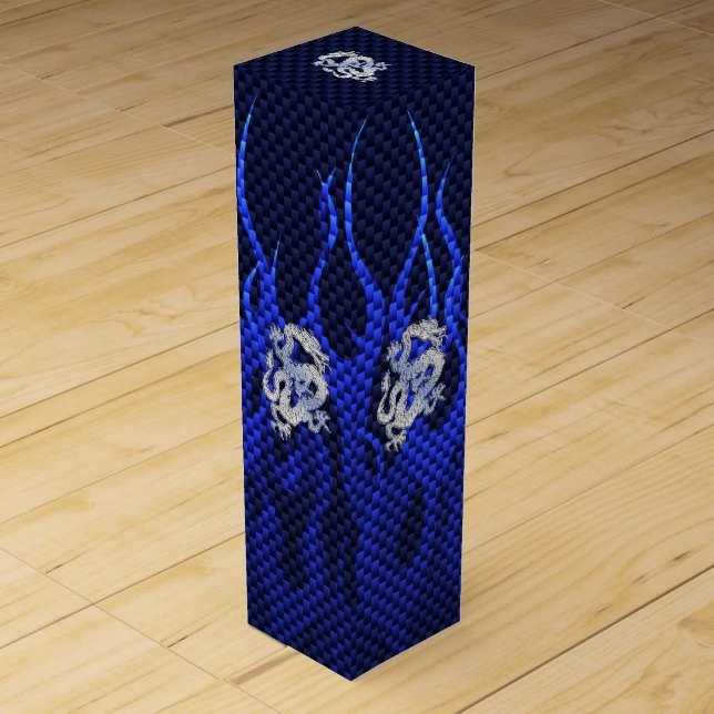 Blue Dragon in Chrome Carbon racing flames Wine Box (Front)