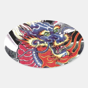 Blue Dragon Japanese tattoo design Oval Sticker