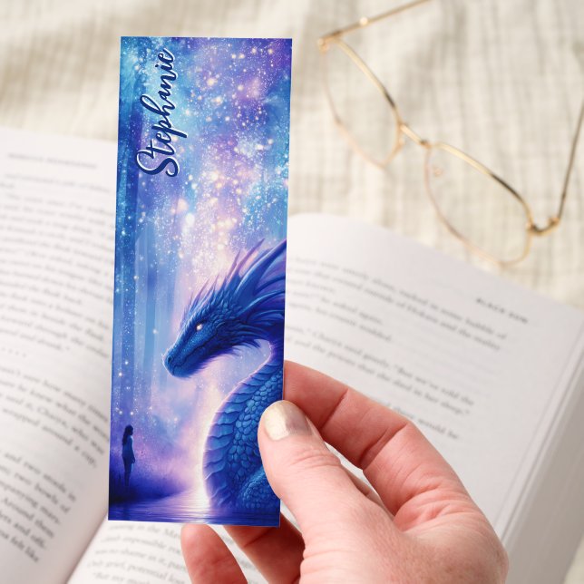 Blue Dragon Moonlit River Fantasy Personalized Bookmarks (Hand)