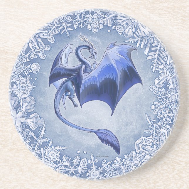 Blue Dragon of Winter Fantasy Nature Art Coaster (Front)