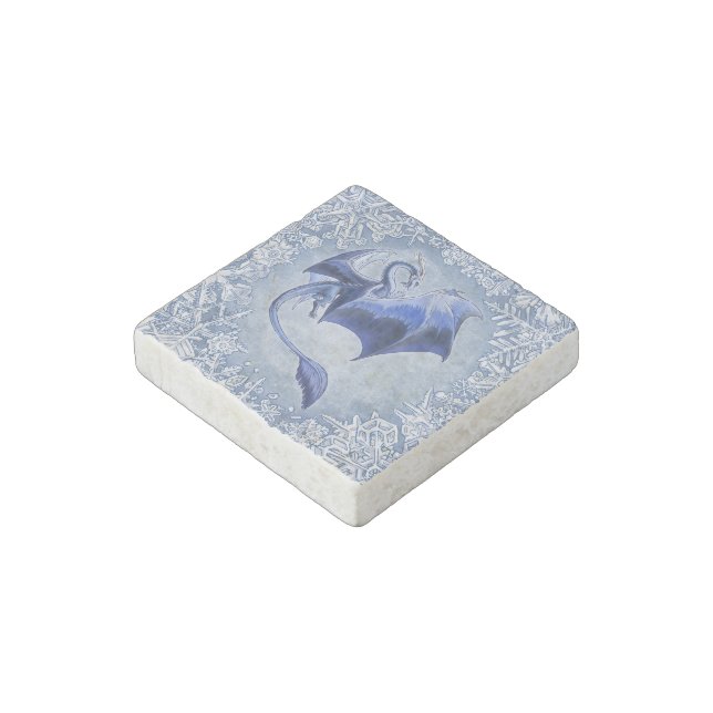 Blue Dragon of Winter Nature Fantasy Art Stone Magnet (Angled)