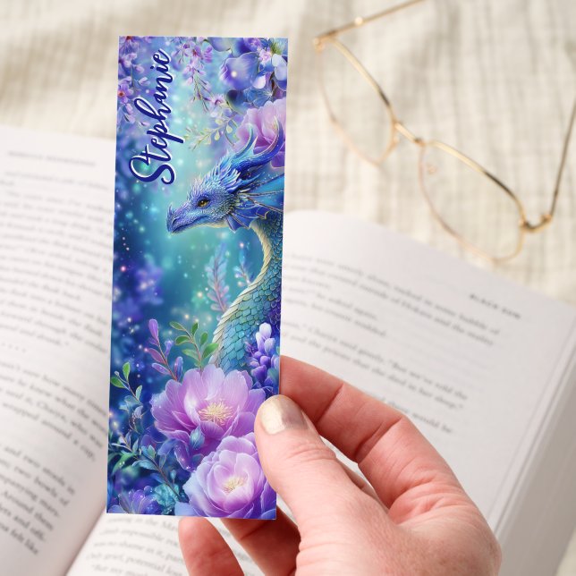 Blue Dragon Purple Flowers Fantasy Personalized Bookmarks (Hand)