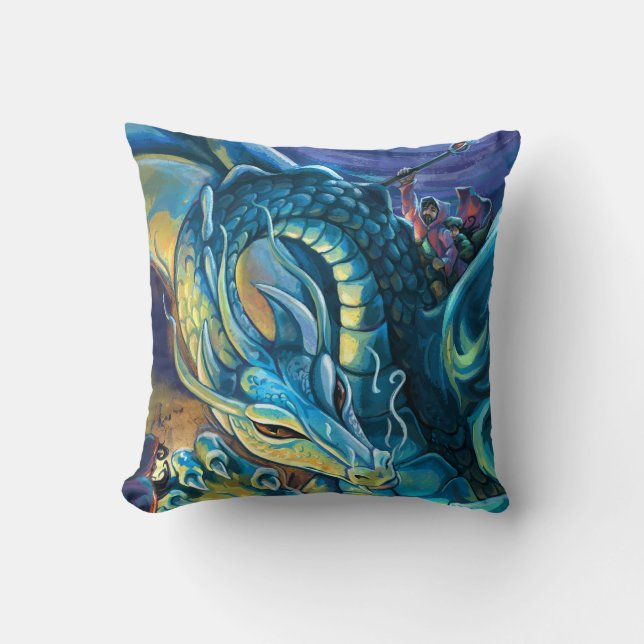 Blue Dragon Rider Throw Pillow (Front)