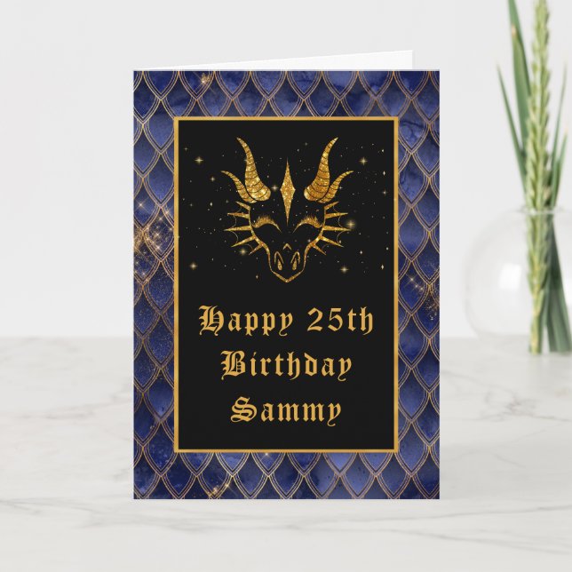 Blue Dragon Scales Faux Glitter Happy Birthday Card (Front)