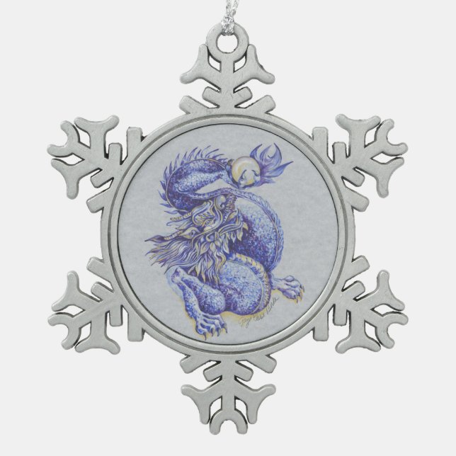 Blue Dragon Snowflake Pewter Christmas Ornament (Front)