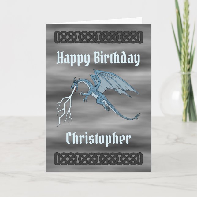 Blue Dragon Spitting Lightning Birthday Card (Front)