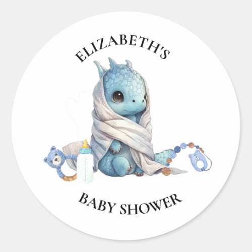 Blue  Dragon Watercolor Baby Shower  Classic Round Sticker