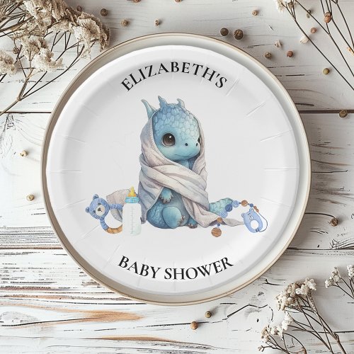 Blue  Dragon Watercolor Baby Shower  Paper Plates