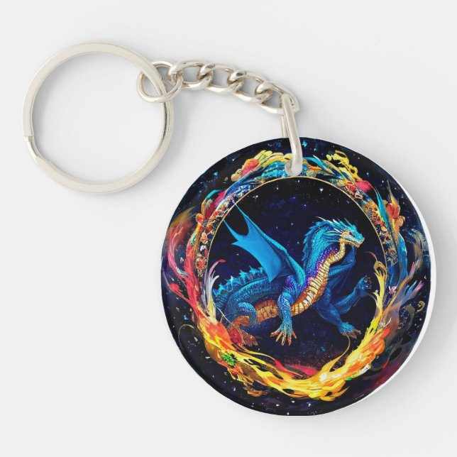 Blue Dragon With Mystical Flames Everyday Use Desi Keychain (Front)