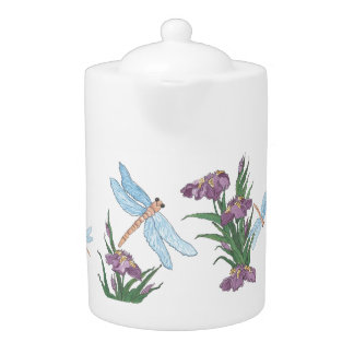 Blue Dragonflies and Iris Teapots
