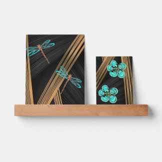 Blue Dragonflies, Butterflies,Flowers,Golden Lines Picture Ledge