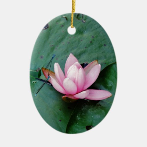 Blue Dragonflies on a pink lotus flower Ceramic Ornament