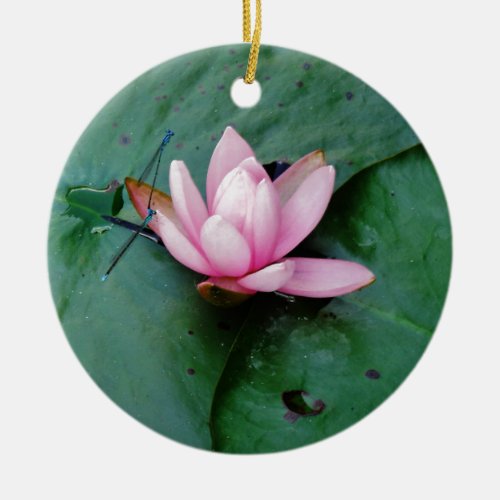 Blue Dragonflies on a pink lotus flower Ceramic Ornament