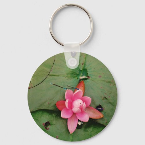 Blue Dragonflies on a pink lotus flower Keychain