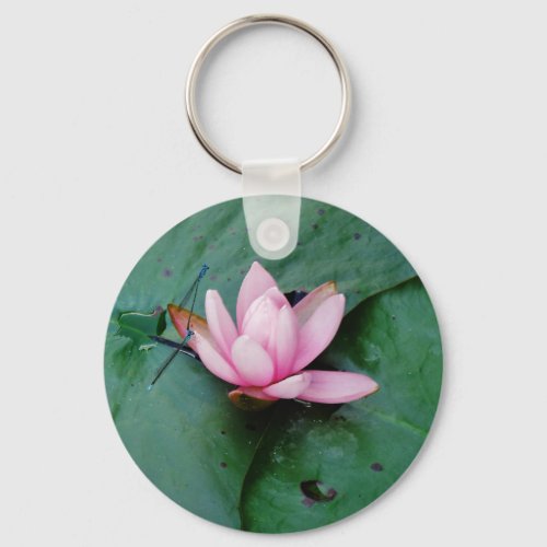 Blue Dragonflies on a pink lotus flower Keychain