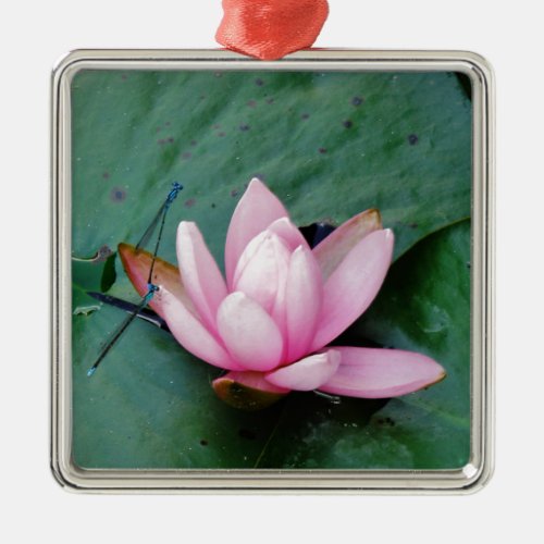Blue Dragonflies on a pink lotus flower Metal Ornament