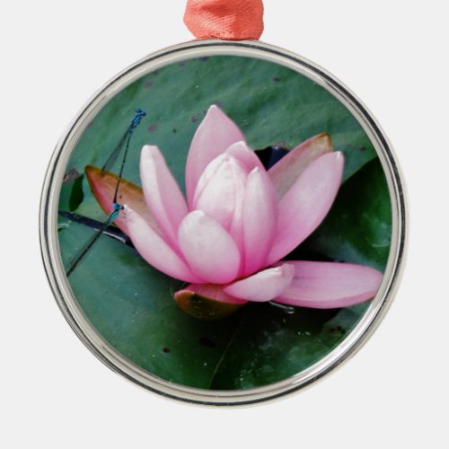 Blue Dragonflies on a pink lotus flower Metal Ornament