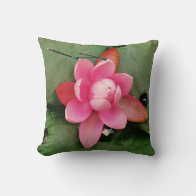 Blue Dragonflies on a pink lotus Throw Pillow (Front)