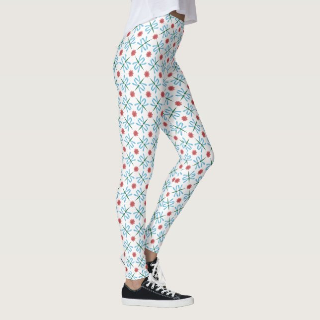 Blue Dragonflies, Small Pink Water Lilies on White Leggings (Right)