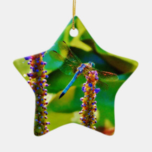 Blue Dragonfly and flowers Ceramic Ornament