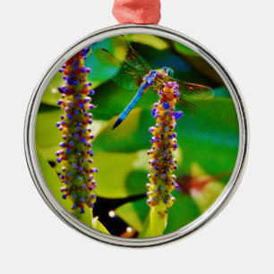Blue Dragonfly and flowers Metal Ornament