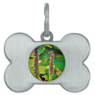 Blue Dragonfly and flowers Pet ID Tag
