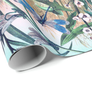 Blue Dragonfly at the pond vintage illustration Wrapping Paper