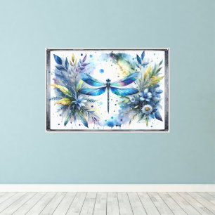 Blue Dragonfly Botanical Watercolor Canvas Print