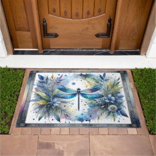 Blue Dragonfly Botanical Watercolor Doormat