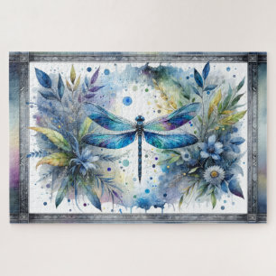 Blue Dragonfly Botanical Watercolor Jigsaw Puzzle