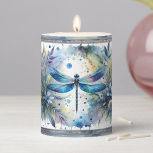 Blue Dragonfly Botanical Watercolor Pillar Candle