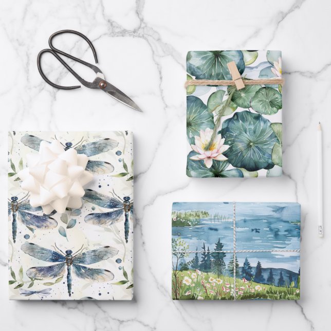 Blue Dragonfly Bridal Shower Wrapping Paper Sheets (Front)