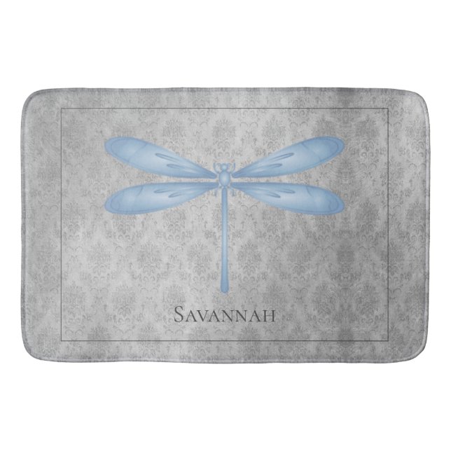 Blue Dragonfly Damask Bath Mat (Front)