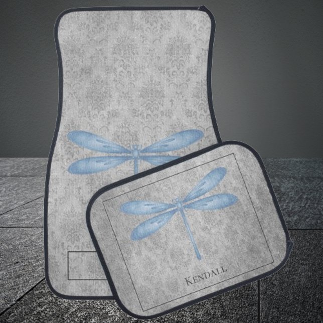 Blue Dragonfly Damask Car Floor Mat (Blue Dragonfly Damask Personalized Car Mats)