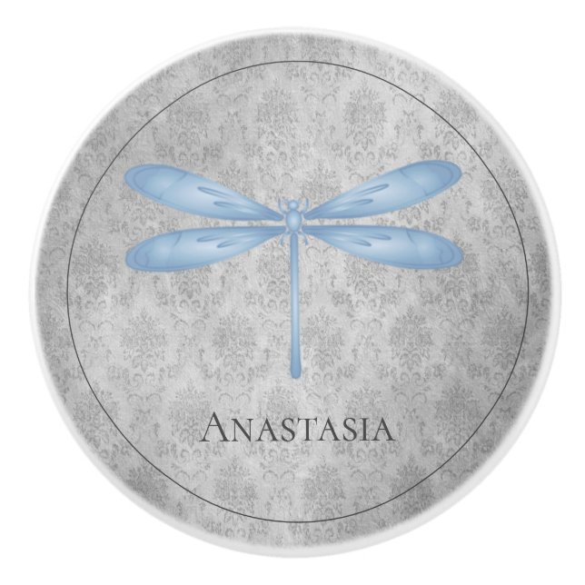 Blue Dragonfly Damask Ceramic Knob (Front)