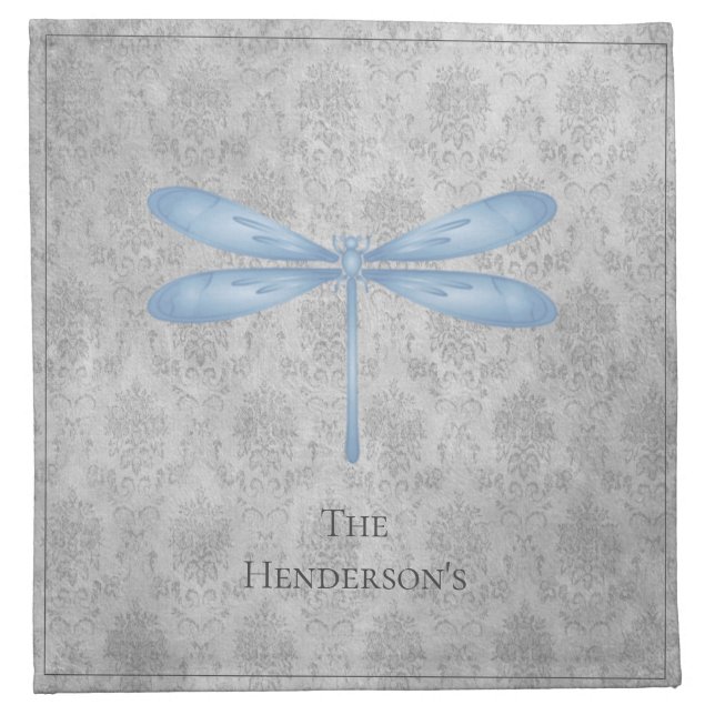 Blue Dragonfly Damask Cloth Napkin (Front)