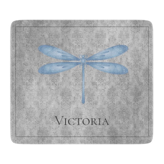Blue Dragonfly Damask Cutting Board (Front)