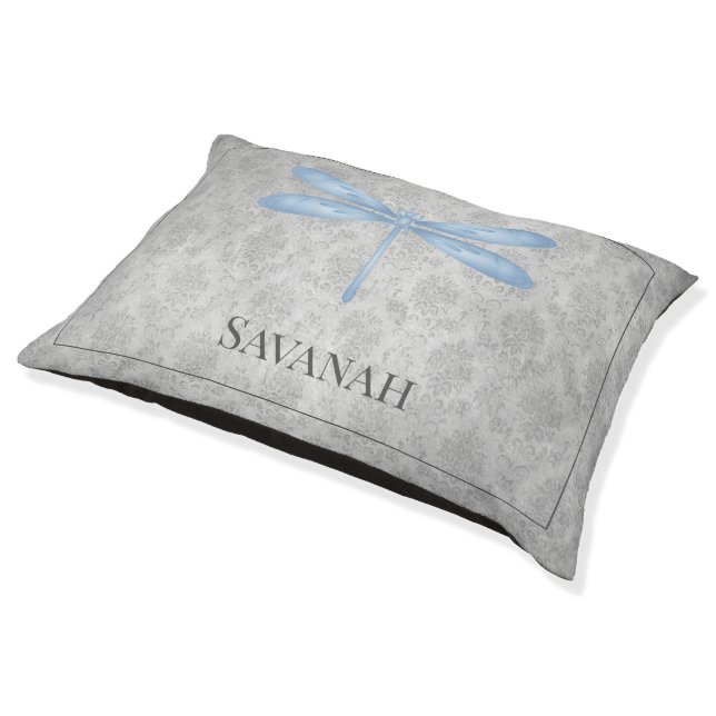 Blue Dragonfly Damask Dog Bed (Angled)