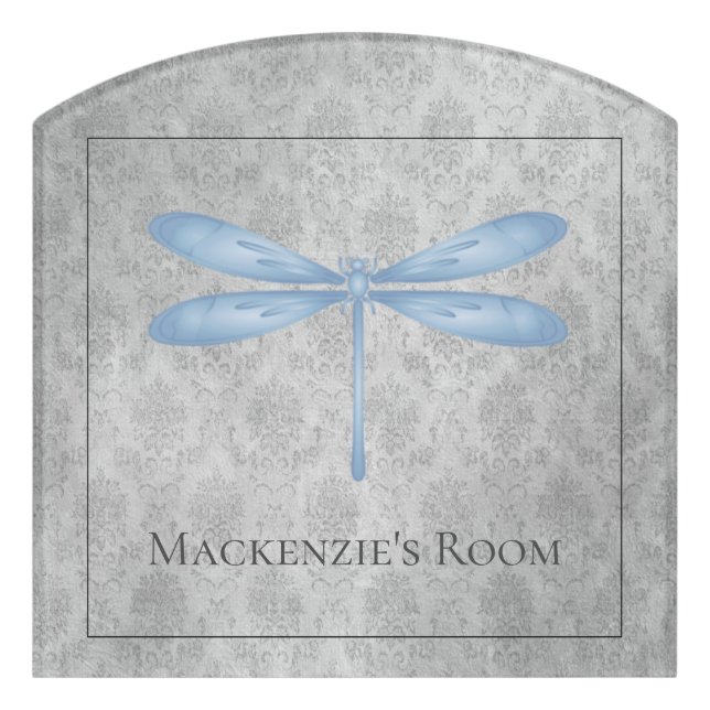 Blue Dragonfly Damask Door Sign (Contour Front)