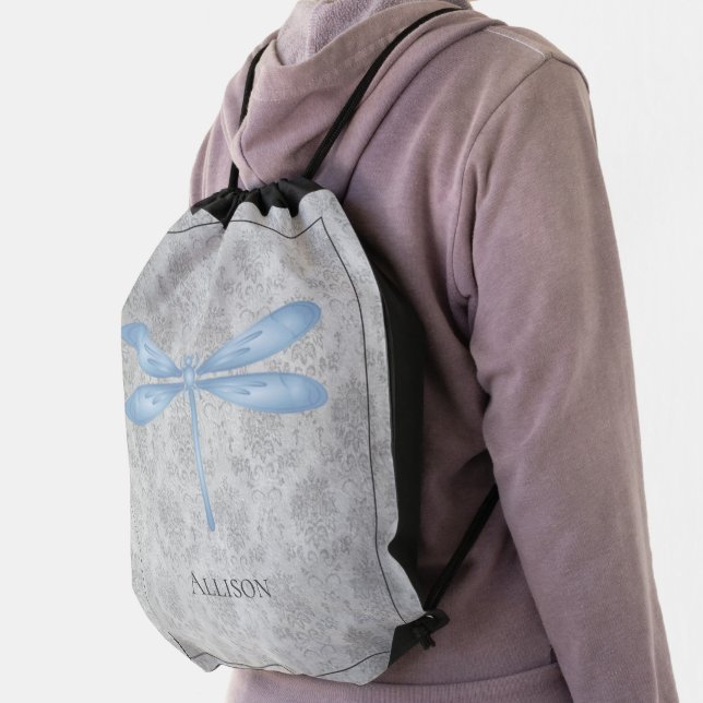 Blue Dragonfly Damask Drawstring Bag (Insitu)
