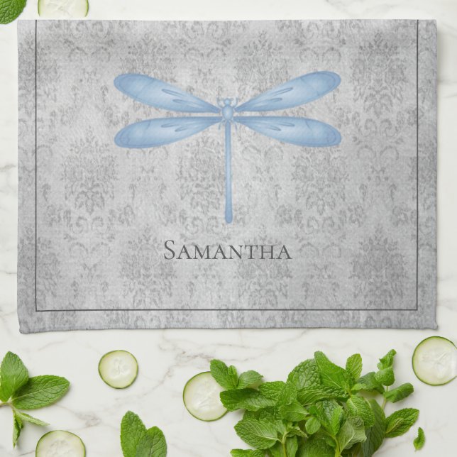 Blue Dragonfly Damask Kitchen Towel (Folded)